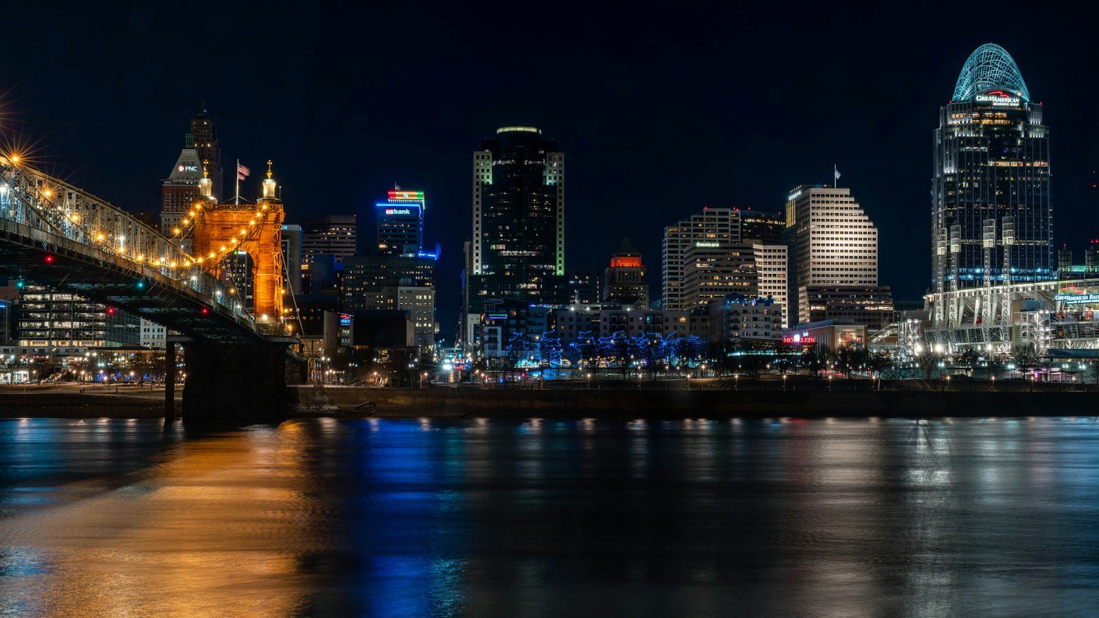 Cincinnati skyline at night across the Ohio River